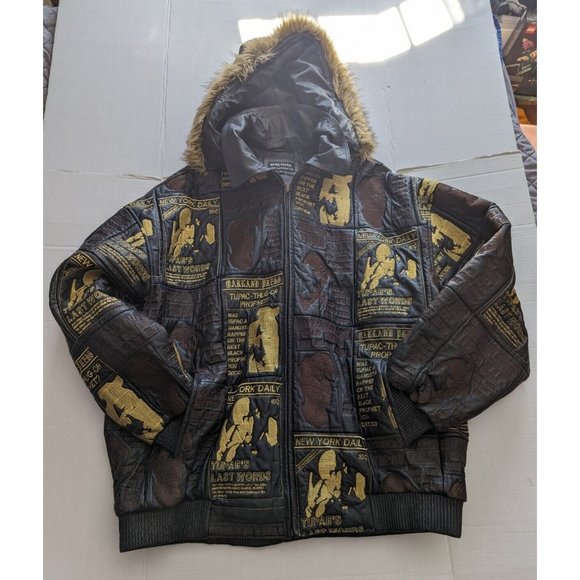 RARE Vtg 90’s Newspaper Tupac 2pac Shakur Leather Jacket 5XL Gold Embroidery